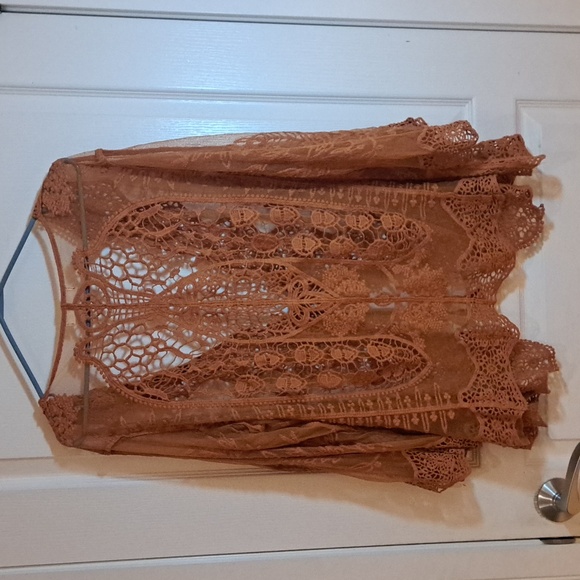 Women's Caramel Brown Lacey, Crochet Like Cardigan/cover. - Picture 7 of 7